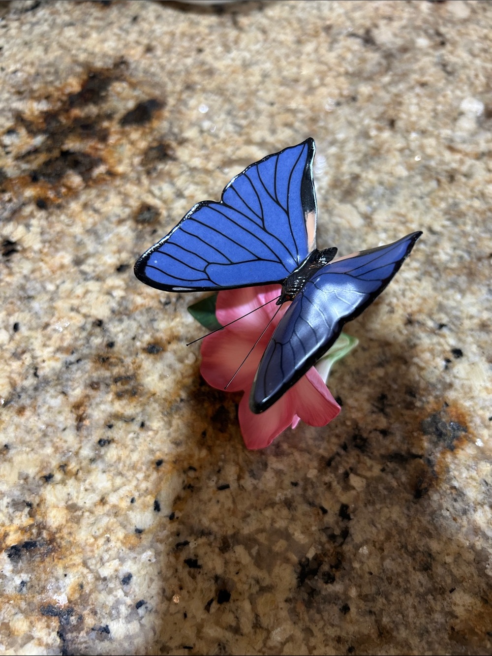 Franklin Mint "Butterflies of the World" blue morpho butterfly on a pink flower